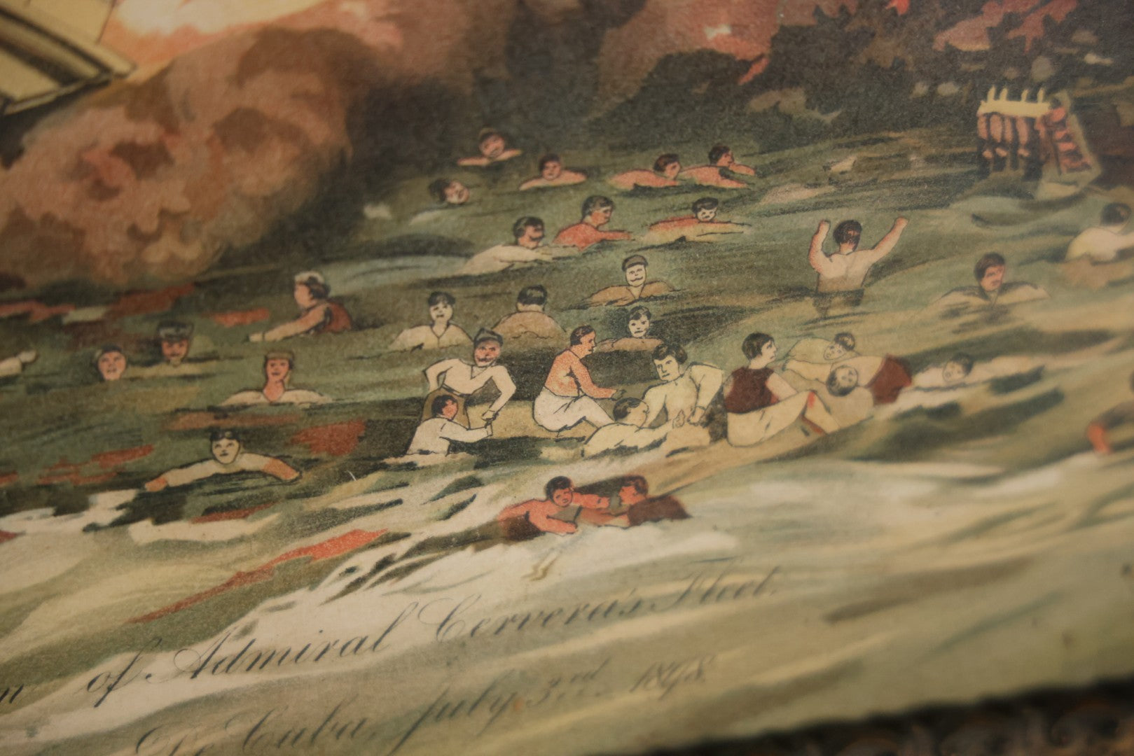 Antique Spanish American War Chromolithograph Print Depicting The Destruction Of Admiral Cervera's Fleet At Santiago De Cuba, July 3rd, 1898, In Large Ornate Frame, After Xanthus Russell Smith, Copyright 1898 By J. Hoover & Son, Philadelphia. 39" x  31"