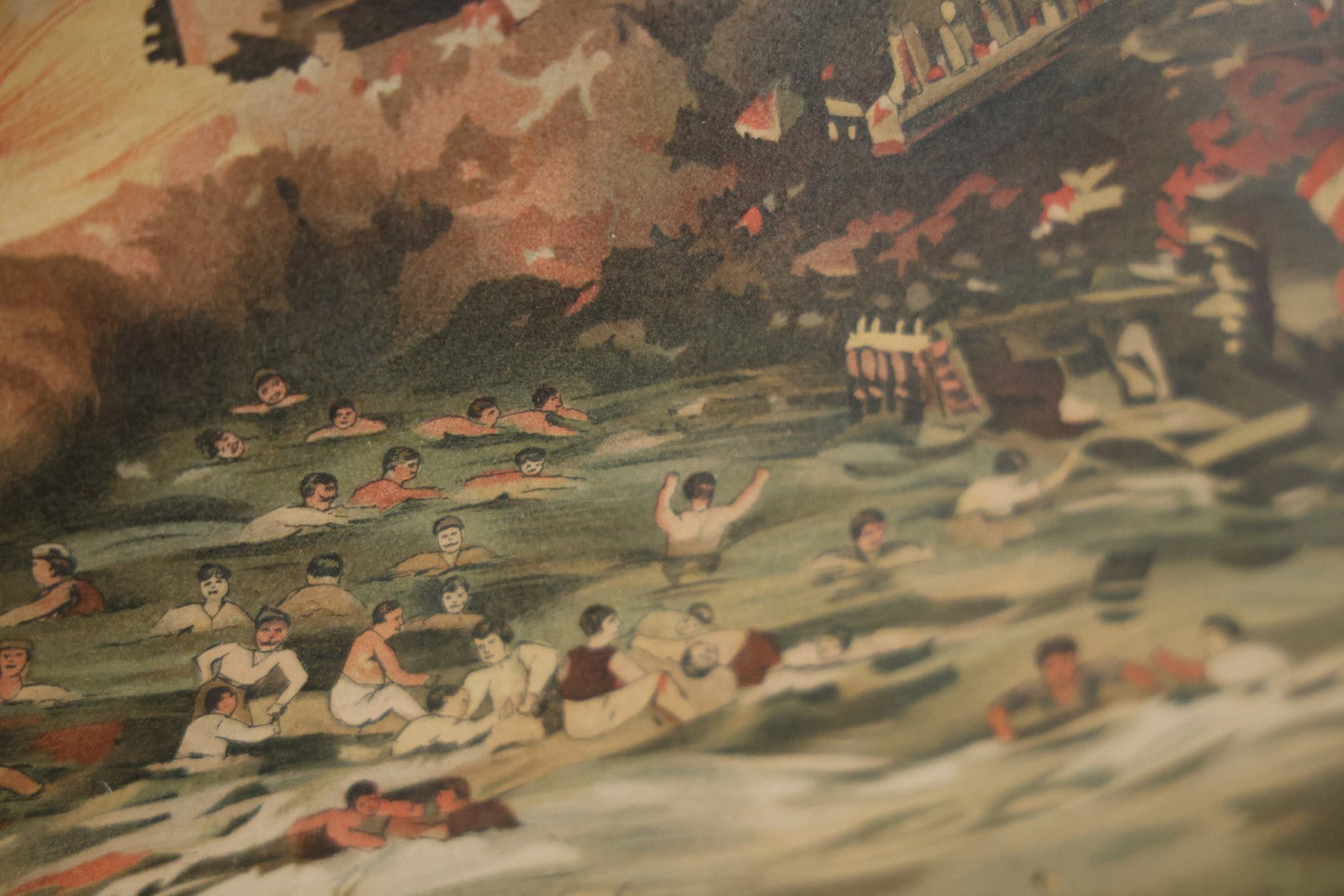 Antique Spanish American War Chromolithograph Print Depicting The Destruction Of Admiral Cervera's Fleet At Santiago De Cuba, July 3rd, 1898, In Large Ornate Frame, After Xanthus Russell Smith, Copyright 1898 By J. Hoover & Son, Philadelphia. 39" x  31"