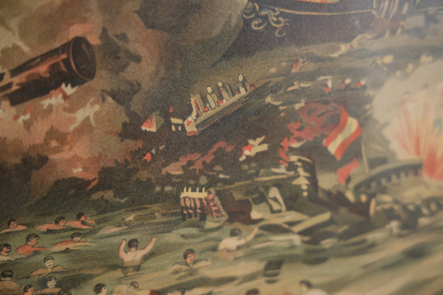 Antique Spanish American War Chromolithograph Print Depicting The Destruction Of Admiral Cervera's Fleet At Santiago De Cuba, July 3rd, 1898, In Large Ornate Frame, After Xanthus Russell Smith, Copyright 1898 By J. Hoover & Son, Philadelphia. 39" x  31"