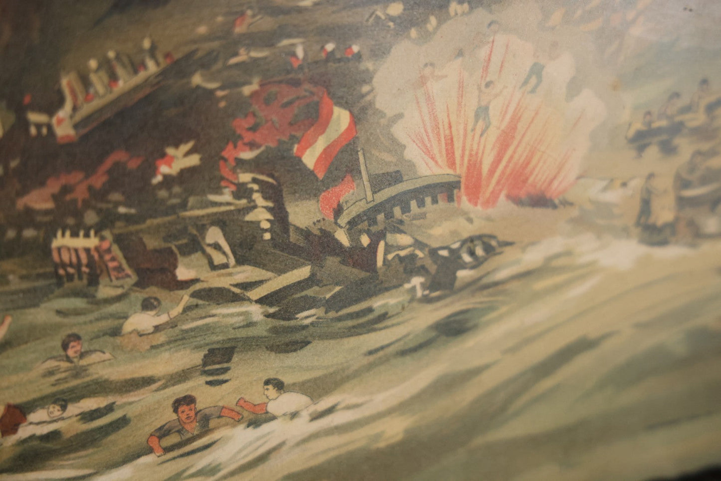 Antique Spanish American War Chromolithograph Print Depicting The Destruction Of Admiral Cervera's Fleet At Santiago De Cuba, July 3rd, 1898, In Large Ornate Frame, After Xanthus Russell Smith, Copyright 1898 By J. Hoover & Son, Philadelphia. 39" x  31"