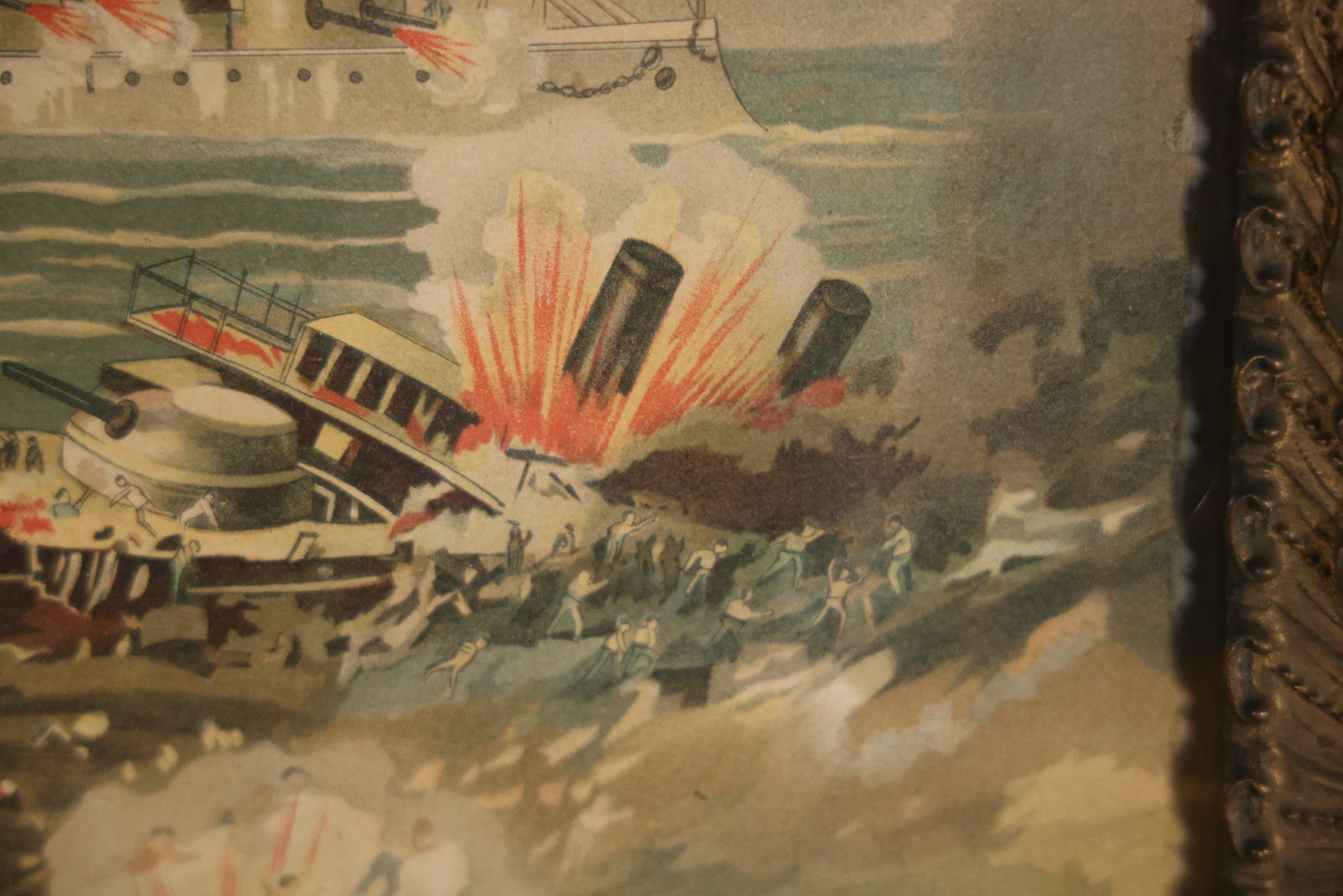 Antique Spanish American War Chromolithograph Print Depicting The Destruction Of Admiral Cervera's Fleet At Santiago De Cuba, July 3rd, 1898, In Large Ornate Frame, After Xanthus Russell Smith, Copyright 1898 By J. Hoover & Son, Philadelphia. 39" x  31"