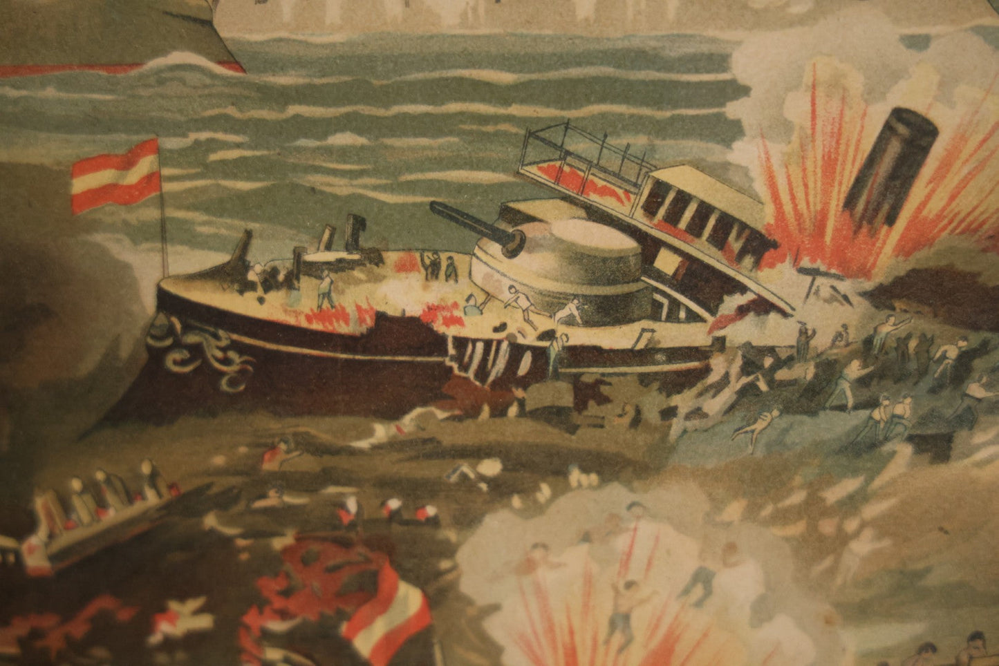 Antique Spanish American War Chromolithograph Print Depicting The Destruction Of Admiral Cervera's Fleet At Santiago De Cuba, July 3rd, 1898, In Large Ornate Frame, After Xanthus Russell Smith, Copyright 1898 By J. Hoover & Son, Philadelphia. 39" x  31"