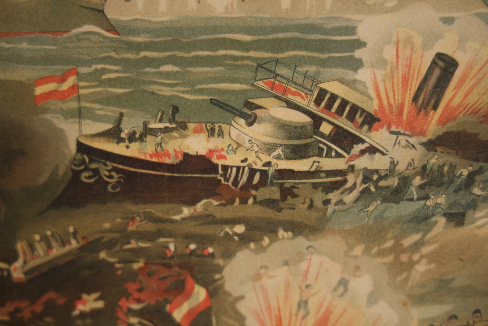 Antique Spanish American War Chromolithograph Print Depicting The Destruction Of Admiral Cervera's Fleet At Santiago De Cuba, July 3rd, 1898, In Large Ornate Frame, After Xanthus Russell Smith, Copyright 1898 By J. Hoover & Son, Philadelphia. 39" x  31"