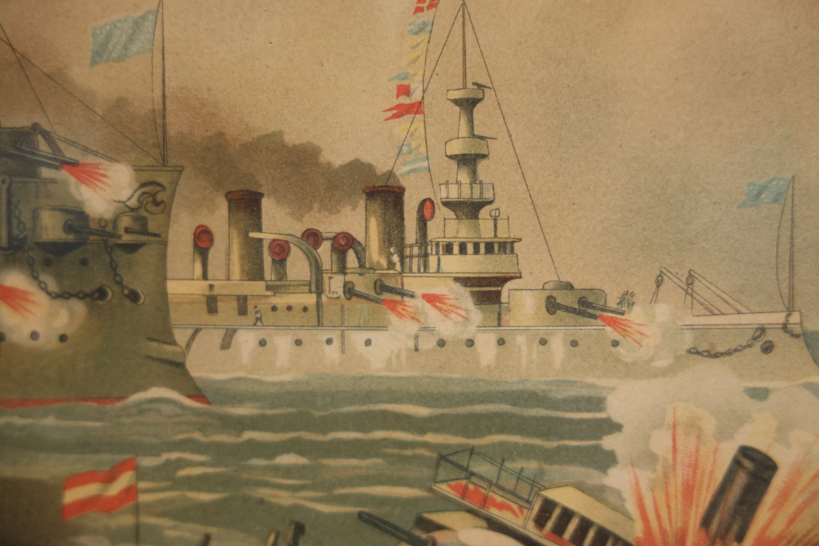 Antique Spanish American War Chromolithograph Print Depicting The Destruction Of Admiral Cervera's Fleet At Santiago De Cuba, July 3rd, 1898, In Large Ornate Frame, After Xanthus Russell Smith, Copyright 1898 By J. Hoover & Son, Philadelphia. 39" x  31"
