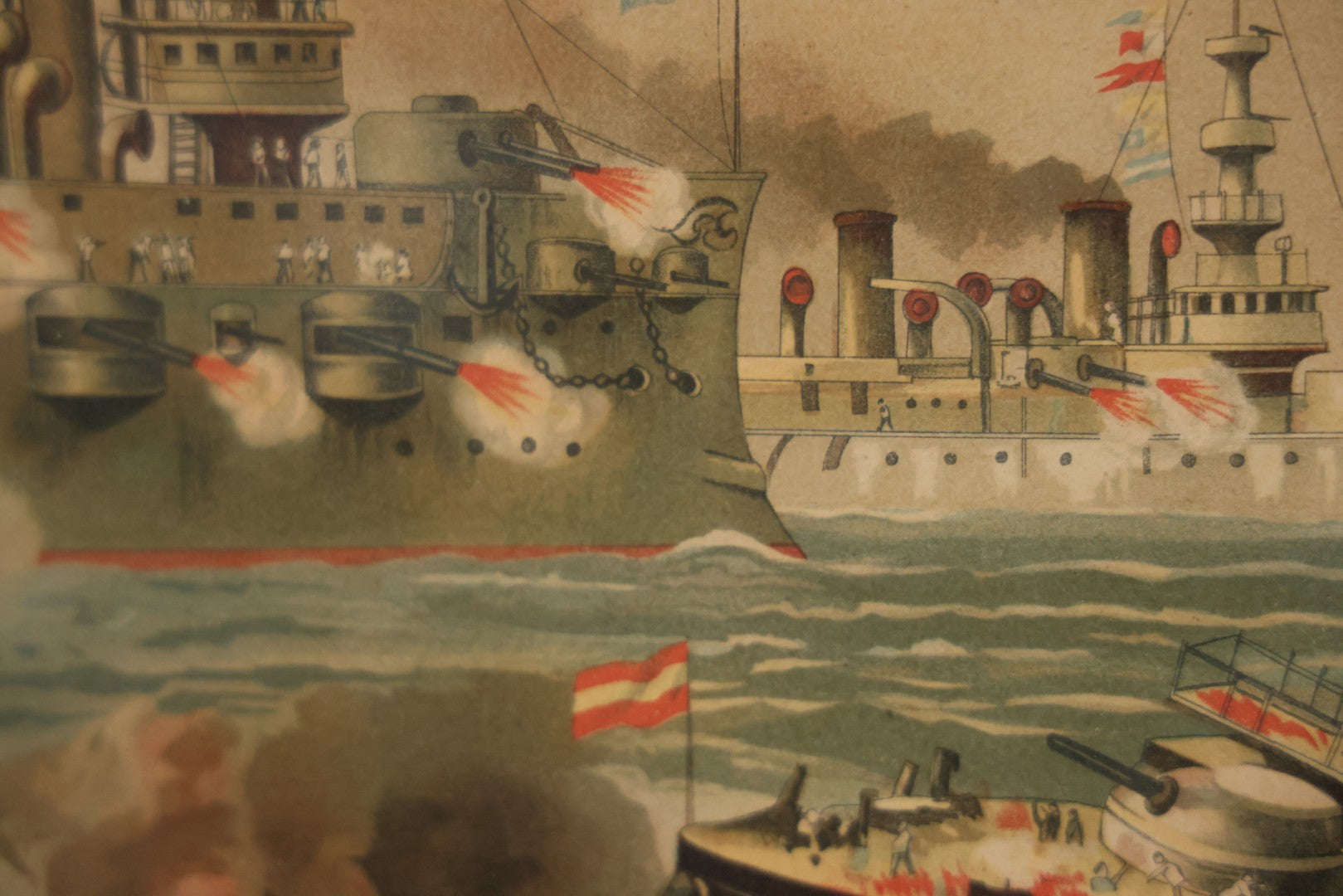Antique Spanish American War Chromolithograph Print Depicting The Destruction Of Admiral Cervera's Fleet At Santiago De Cuba, July 3rd, 1898, In Large Ornate Frame, After Xanthus Russell Smith, Copyright 1898 By J. Hoover & Son, Philadelphia. 39" x  31"