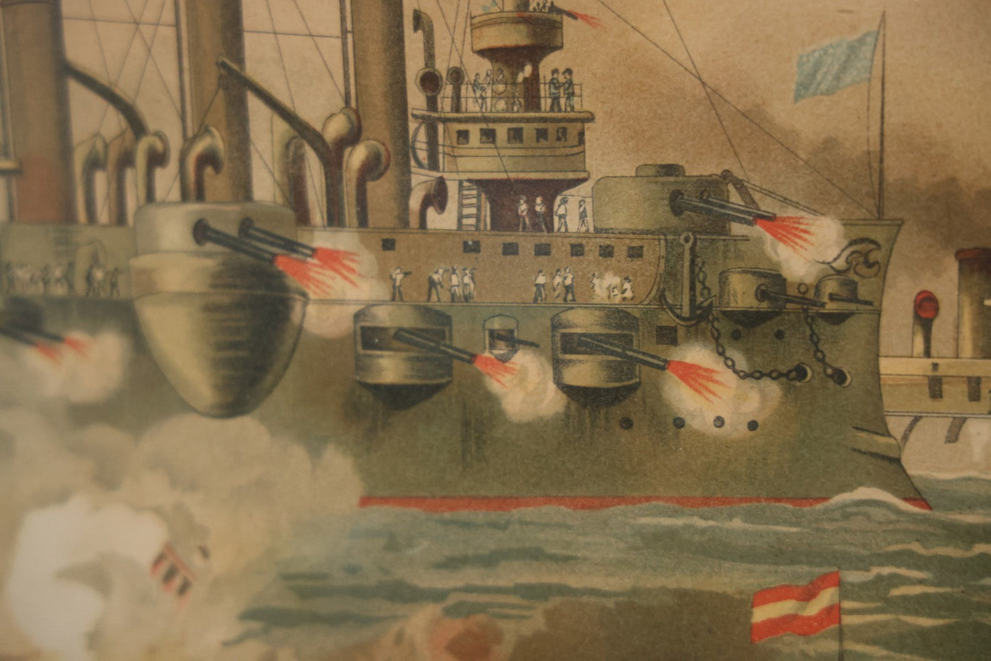 Antique Spanish American War Chromolithograph Print Depicting The Destruction Of Admiral Cervera's Fleet At Santiago De Cuba, July 3rd, 1898, In Large Ornate Frame, After Xanthus Russell Smith, Copyright 1898 By J. Hoover & Son, Philadelphia. 39" x  31"
