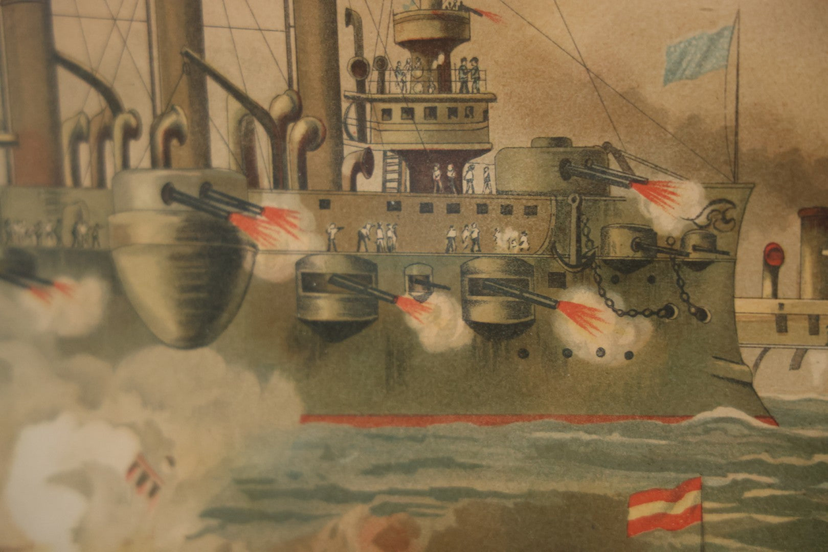 Antique Spanish American War Chromolithograph Print Depicting The Destruction Of Admiral Cervera's Fleet At Santiago De Cuba, July 3rd, 1898, In Large Ornate Frame, After Xanthus Russell Smith, Copyright 1898 By J. Hoover & Son, Philadelphia. 39" x  31"