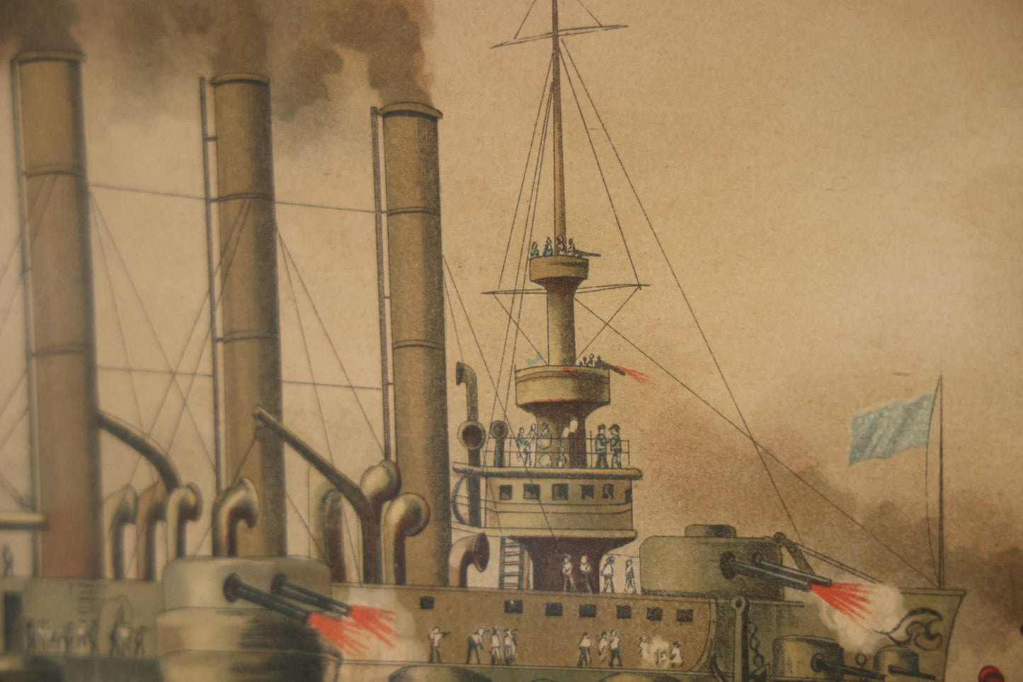 Antique Spanish American War Chromolithograph Print Depicting The Destruction Of Admiral Cervera's Fleet At Santiago De Cuba, July 3rd, 1898, In Large Ornate Frame, After Xanthus Russell Smith, Copyright 1898 By J. Hoover & Son, Philadelphia. 39" x  31"