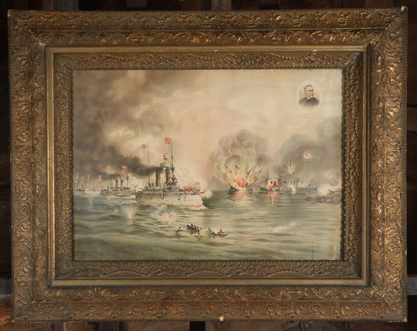 Antique Spanish American War Chromolithograph Print Depicting The Battle Of Manila, May 1St, 1898, In Large Ornate Frame, After Xanthus Russell Smith, Copyright 1898 By J. Hoover & Son, Philadelphia. 39" x  31"