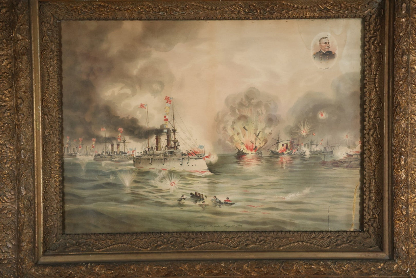 Antique Spanish American War Chromolithograph Print Depicting The Battle Of Manila, May 1St, 1898, In Large Ornate Frame, After Xanthus Russell Smith, Copyright 1898 By J. Hoover & Son, Philadelphia. 39" x  31"