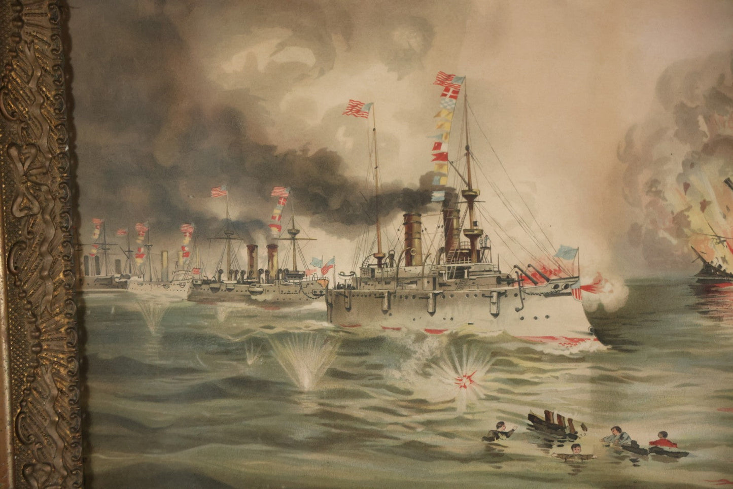 Antique Spanish American War Chromolithograph Print Depicting The Battle Of Manila, May 1St, 1898, In Large Ornate Frame, After Xanthus Russell Smith, Copyright 1898 By J. Hoover & Son, Philadelphia. 39" x  31"