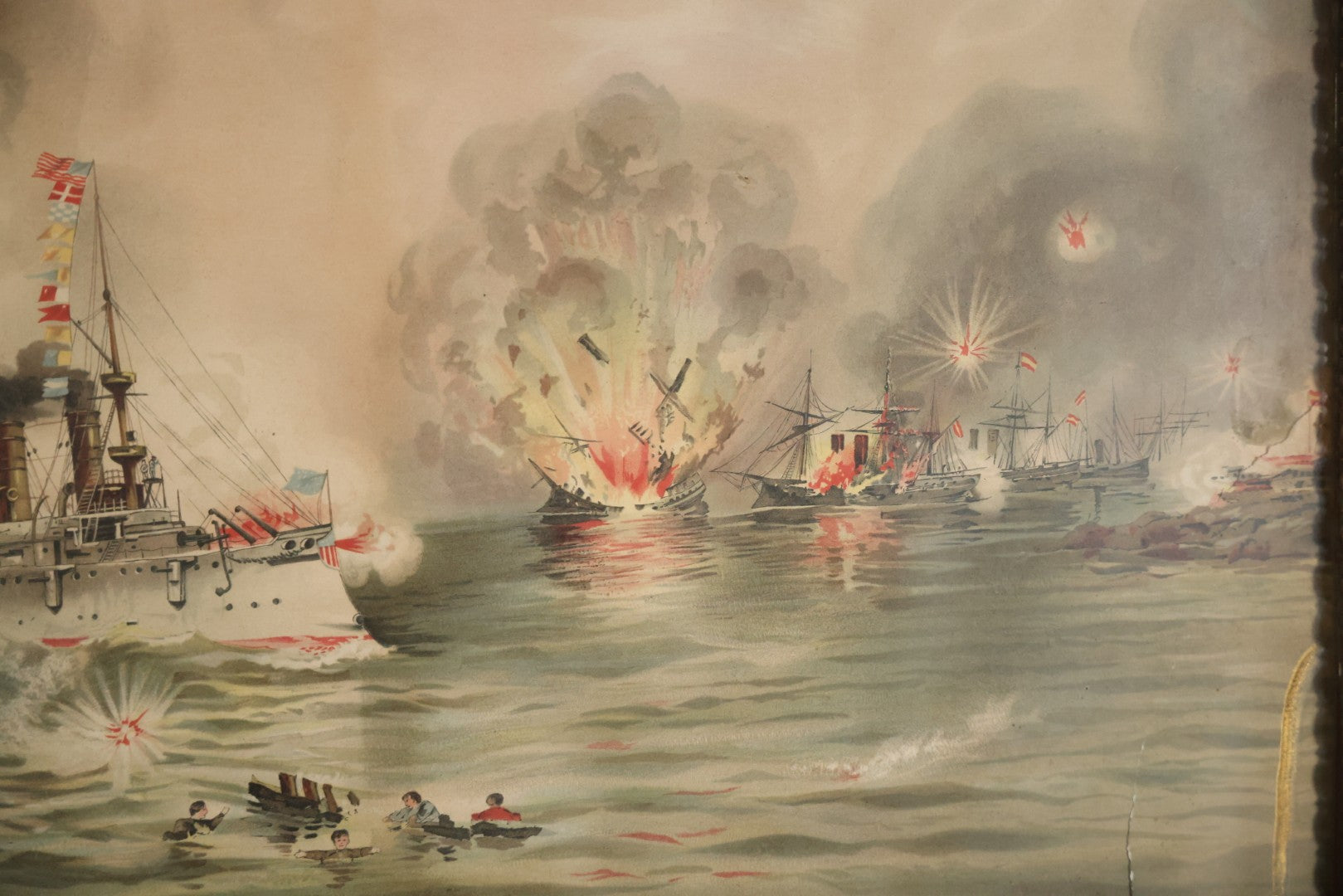 Antique Spanish American War Chromolithograph Print Depicting The Battle Of Manila, May 1St, 1898, In Large Ornate Frame, After Xanthus Russell Smith, Copyright 1898 By J. Hoover & Son, Philadelphia. 39" x  31"