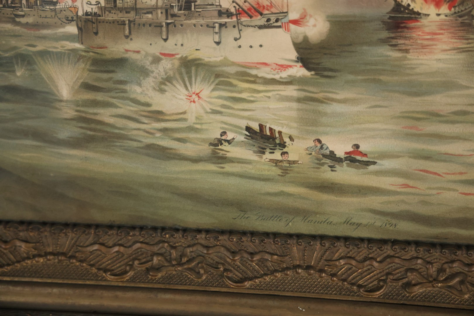 Antique Spanish American War Chromolithograph Print Depicting The Battle Of Manila, May 1St, 1898, In Large Ornate Frame, After Xanthus Russell Smith, Copyright 1898 By J. Hoover & Son, Philadelphia. 39" x  31"