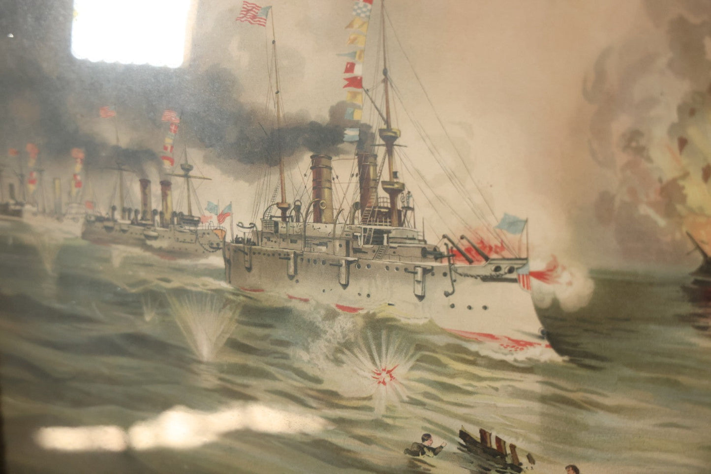 Antique Spanish American War Chromolithograph Print Depicting The Battle Of Manila, May 1St, 1898, In Large Ornate Frame, After Xanthus Russell Smith, Copyright 1898 By J. Hoover & Son, Philadelphia. 39" x  31"