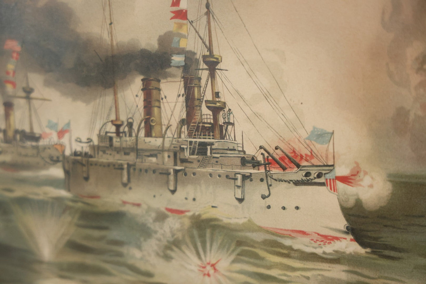 Antique Spanish American War Chromolithograph Print Depicting The Battle Of Manila, May 1St, 1898, In Large Ornate Frame, After Xanthus Russell Smith, Copyright 1898 By J. Hoover & Son, Philadelphia. 39" x  31"