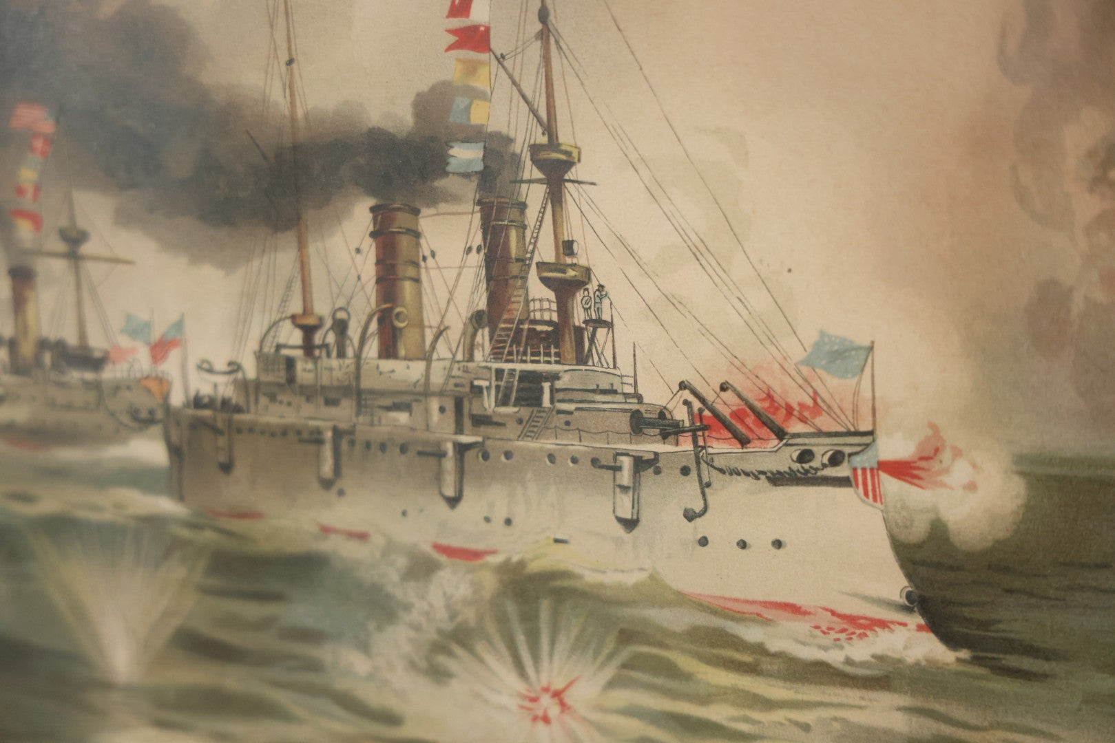 Antique Spanish American War Chromolithograph Print Depicting The Battle Of Manila, May 1St, 1898, In Large Ornate Frame, After Xanthus Russell Smith, Copyright 1898 By J. Hoover & Son, Philadelphia. 39" x  31"
