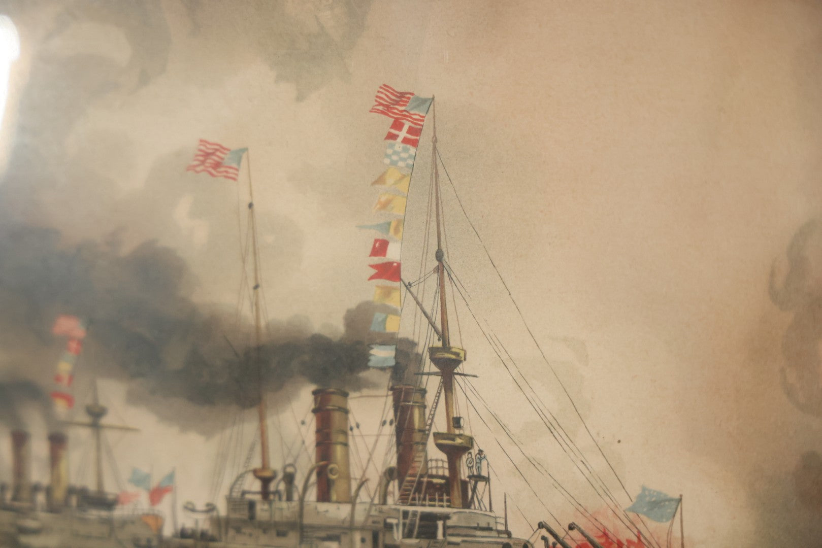 Antique Spanish American War Chromolithograph Print Depicting The Battle Of Manila, May 1St, 1898, In Large Ornate Frame, After Xanthus Russell Smith, Copyright 1898 By J. Hoover & Son, Philadelphia. 39" x  31"