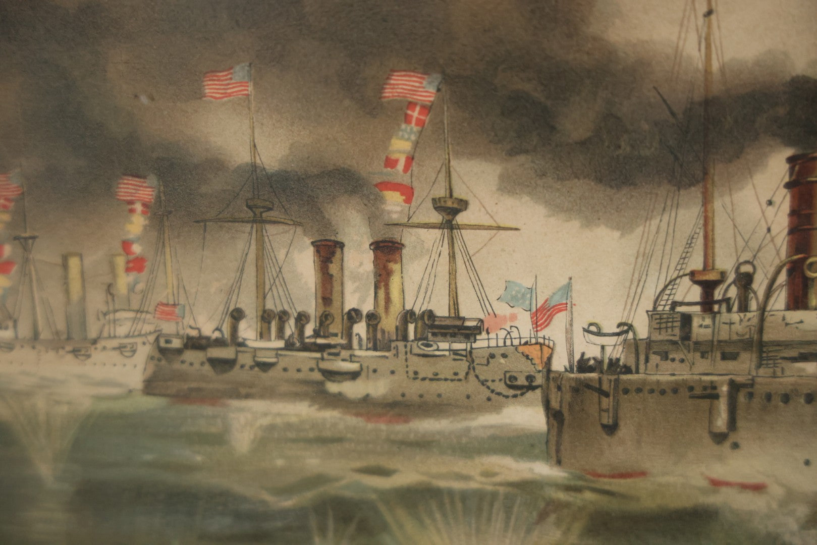 Antique Spanish American War Chromolithograph Print Depicting The Battle Of Manila, May 1St, 1898, In Large Ornate Frame, After Xanthus Russell Smith, Copyright 1898 By J. Hoover & Son, Philadelphia. 39" x  31"