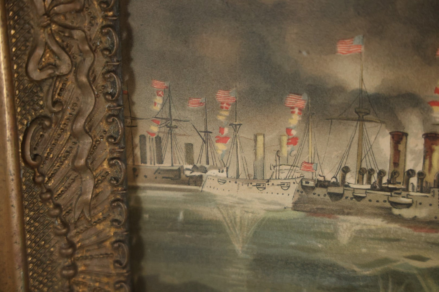 Antique Spanish American War Chromolithograph Print Depicting The Battle Of Manila, May 1St, 1898, In Large Ornate Frame, After Xanthus Russell Smith, Copyright 1898 By J. Hoover & Son, Philadelphia. 39" x  31"