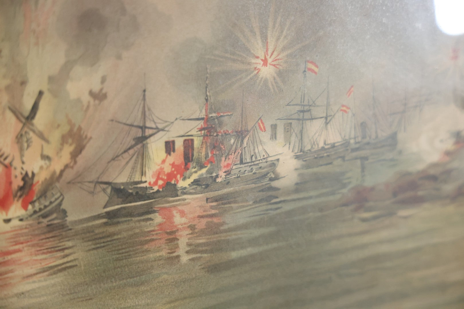 Antique Spanish American War Chromolithograph Print Depicting The Battle Of Manila, May 1St, 1898, In Large Ornate Frame, After Xanthus Russell Smith, Copyright 1898 By J. Hoover & Son, Philadelphia. 39" x  31"
