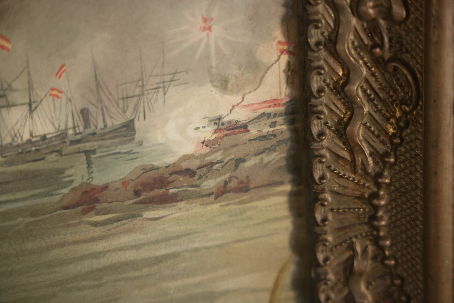 Antique Spanish American War Chromolithograph Print Depicting The Battle Of Manila, May 1St, 1898, In Large Ornate Frame, After Xanthus Russell Smith, Copyright 1898 By J. Hoover & Son, Philadelphia. 39" x  31"