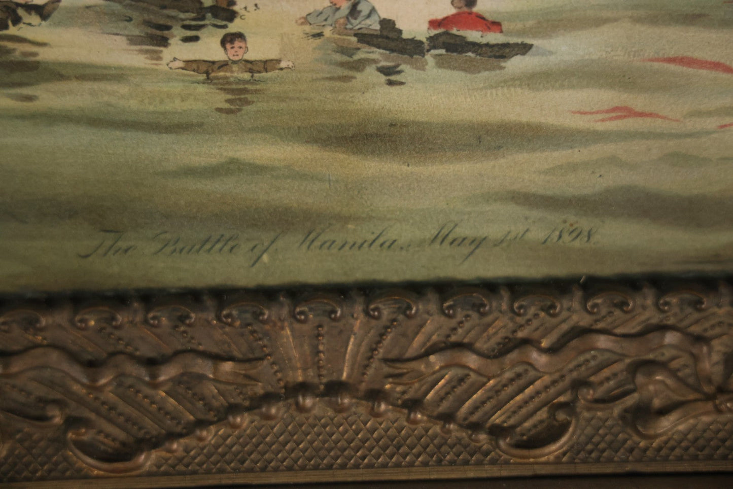 Antique Spanish American War Chromolithograph Print Depicting The Battle Of Manila, May 1St, 1898, In Large Ornate Frame, After Xanthus Russell Smith, Copyright 1898 By J. Hoover & Son, Philadelphia. 39" x  31"