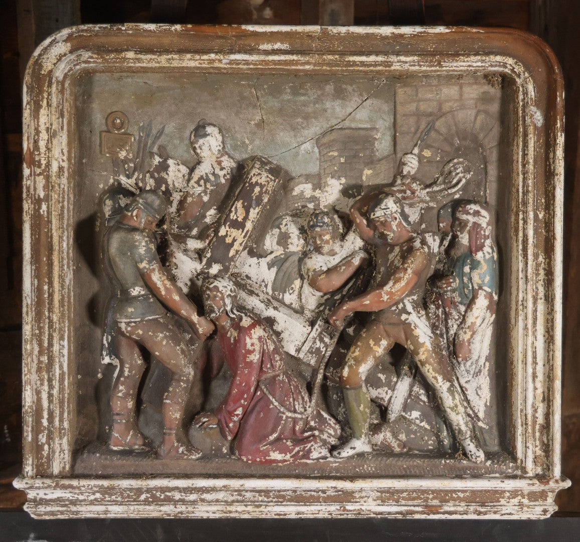 Antique Third Station Of The Cross, Jesus Falls For The First Time, Plaster Relief Plaque, Likely From A Charge, Note Heavy Wear And Degradation, Cracks