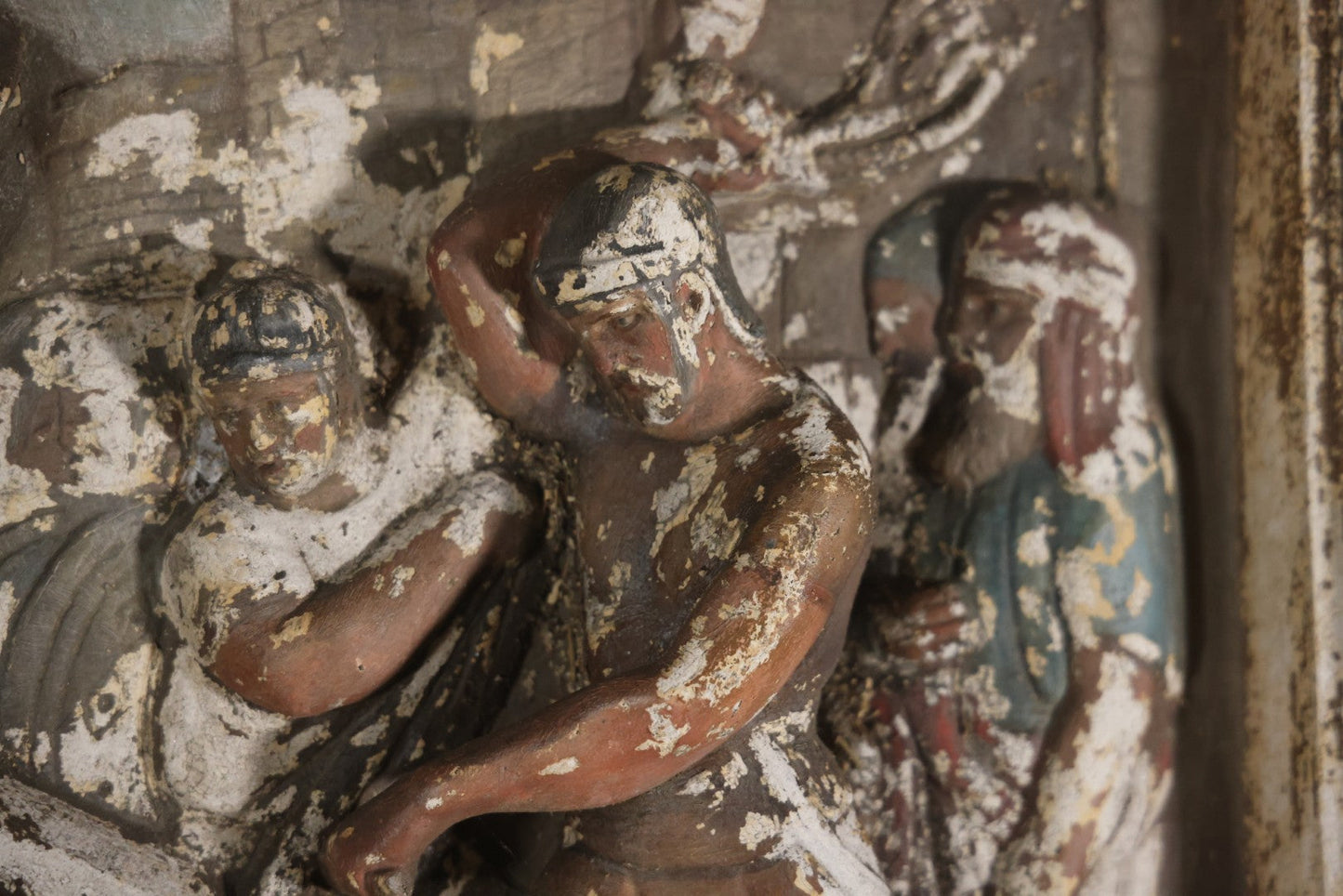 Antique Third Station Of The Cross, Jesus Falls For The First Time, Plaster Relief Plaque, Likely From A Charge, Note Heavy Wear And Degradation, Cracks