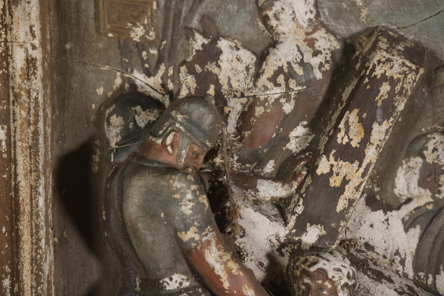 Antique Third Station Of The Cross, Jesus Falls For The First Time, Plaster Relief Plaque, Likely From A Charge, Note Heavy Wear And Degradation, Cracks