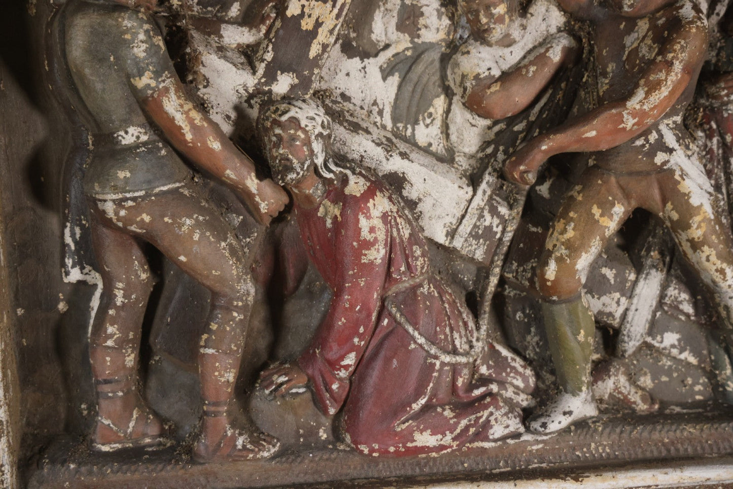 Antique Third Station Of The Cross, Jesus Falls For The First Time, Plaster Relief Plaque, Likely From A Charge, Note Heavy Wear And Degradation, Cracks