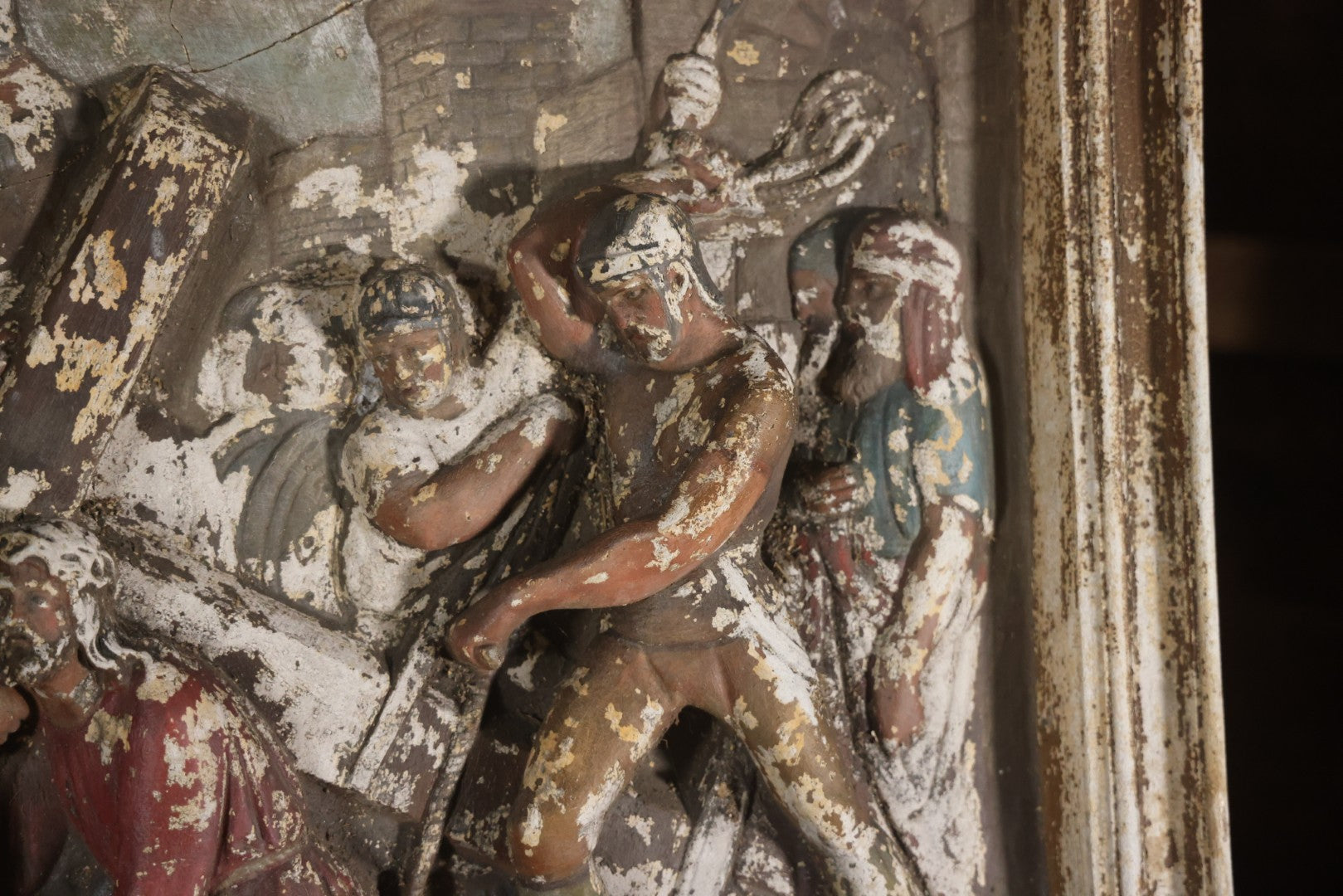 Antique Third Station Of The Cross, Jesus Falls For The First Time, Plaster Relief Plaque, Likely From A Charge, Note Heavy Wear And Degradation, Cracks