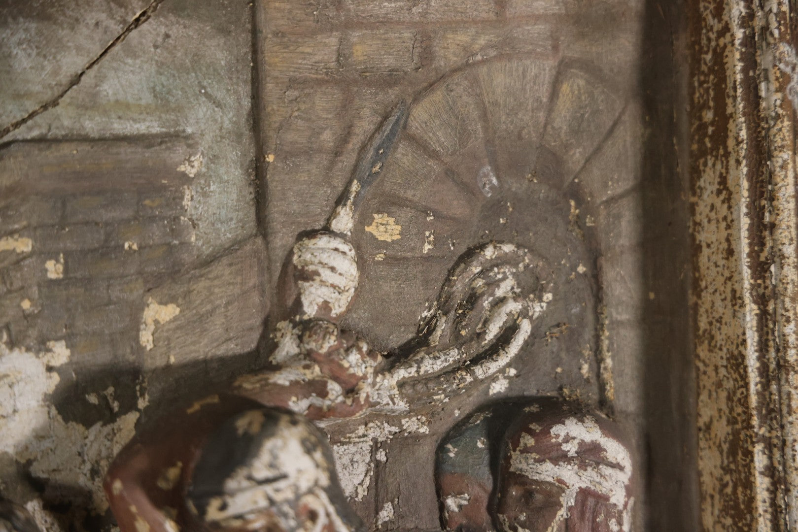 Antique Third Station Of The Cross, Jesus Falls For The First Time, Plaster Relief Plaque, Likely From A Charge, Note Heavy Wear And Degradation, Cracks