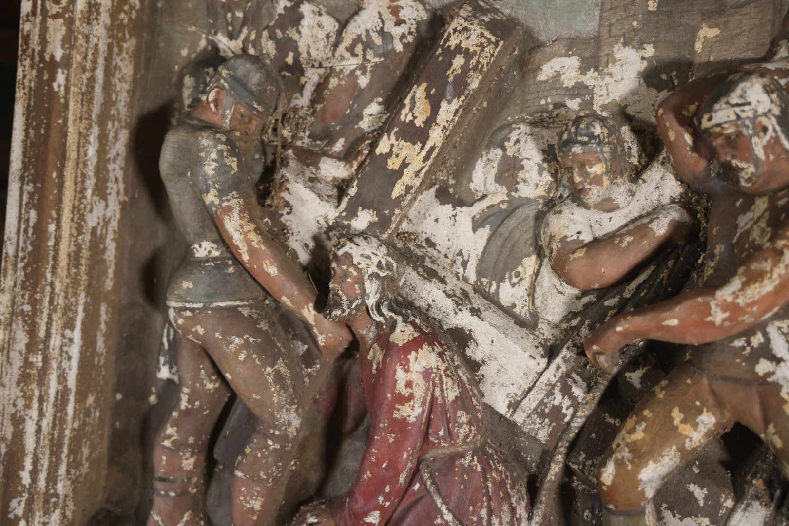 Antique Third Station Of The Cross, Jesus Falls For The First Time, Plaster Relief Plaque, Likely From A Charge, Note Heavy Wear And Degradation, Cracks