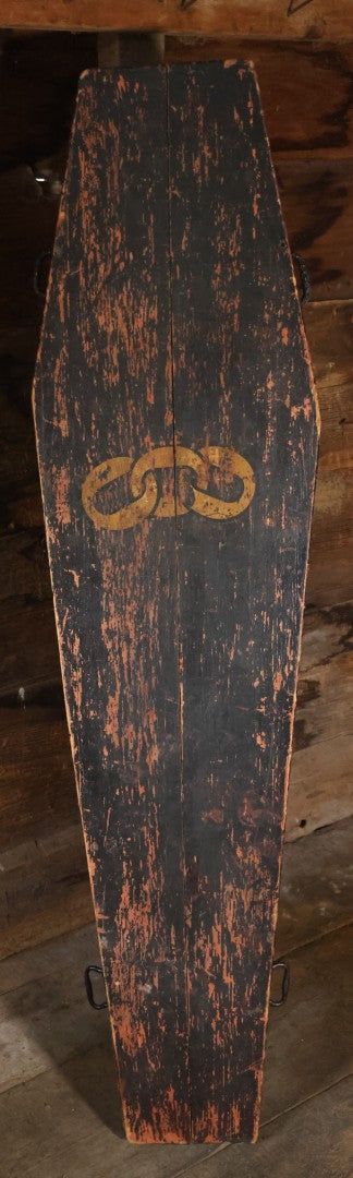 Antique Odd Fellows I.O.O.F. Ceremonial Coffin, Black Painted Wood With Iron Handles, Painted Three Links Motif