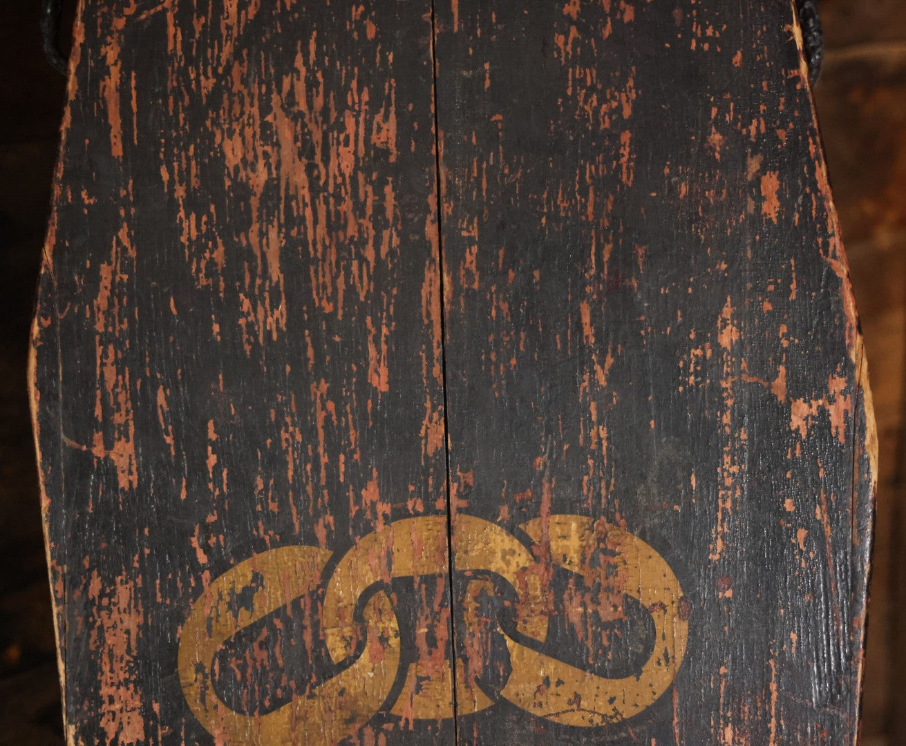 Antique Odd Fellows I.O.O.F. Ceremonial Coffin, Black Painted Wood With Iron Handles, Painted Three Links Motif
