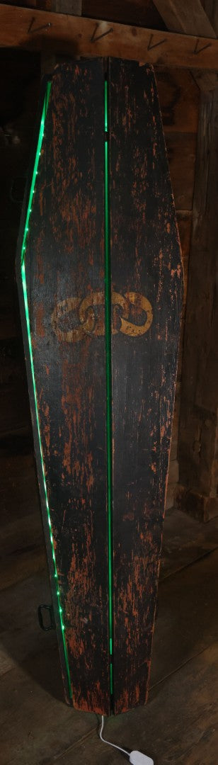 Antique Odd Fellows I.O.O.F. Ceremonial Coffin, Black Painted Wood With Iron Handles, Painted Three Links Motif