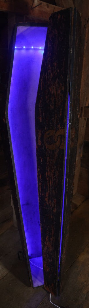 Antique Odd Fellows I.O.O.F. Ceremonial Coffin, Black Painted Wood With Iron Handles, Painted Three Links Motif
