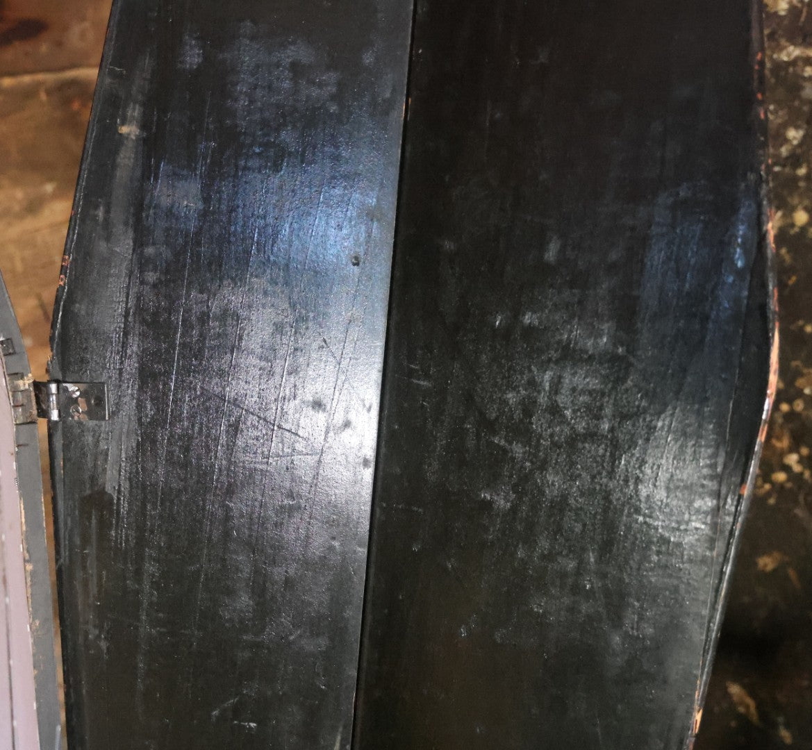 Antique Odd Fellows I.O.O.F. Ceremonial Coffin, Black Painted Wood With Iron Handles, Painted Three Links Motif