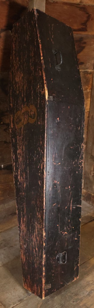Antique Odd Fellows I.O.O.F. Ceremonial Coffin, Black Painted Wood With Iron Handles, Painted Three Links Motif