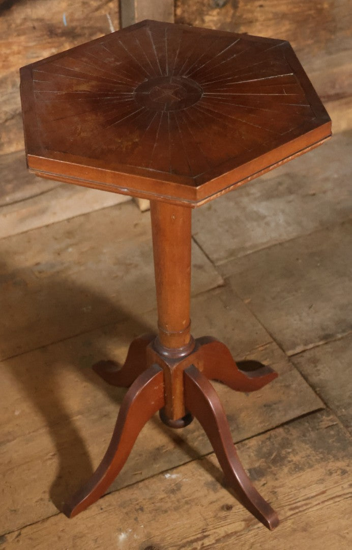 Antique Inlaid Candle Stand Table With Geometric Design, Hexagon Table Top