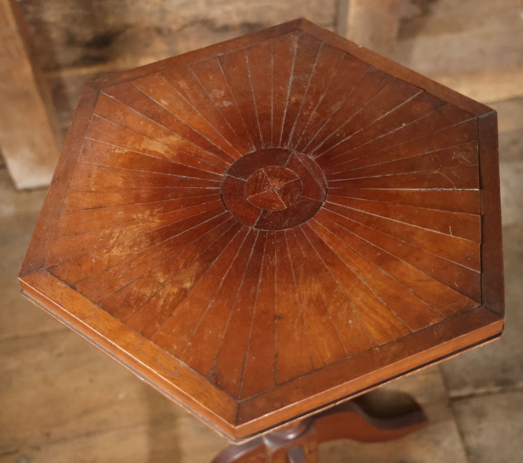 Antique Inlaid Candle Stand Table With Geometric Design, Hexagon Table Top