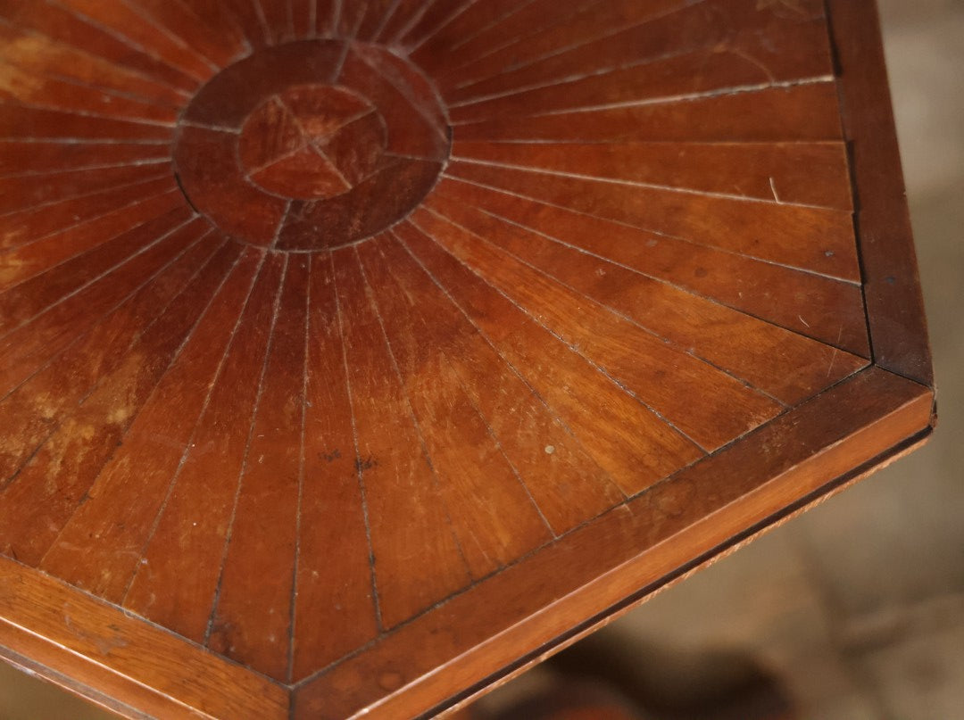 Antique Inlaid Candle Stand Table With Geometric Design, Hexagon Table Top