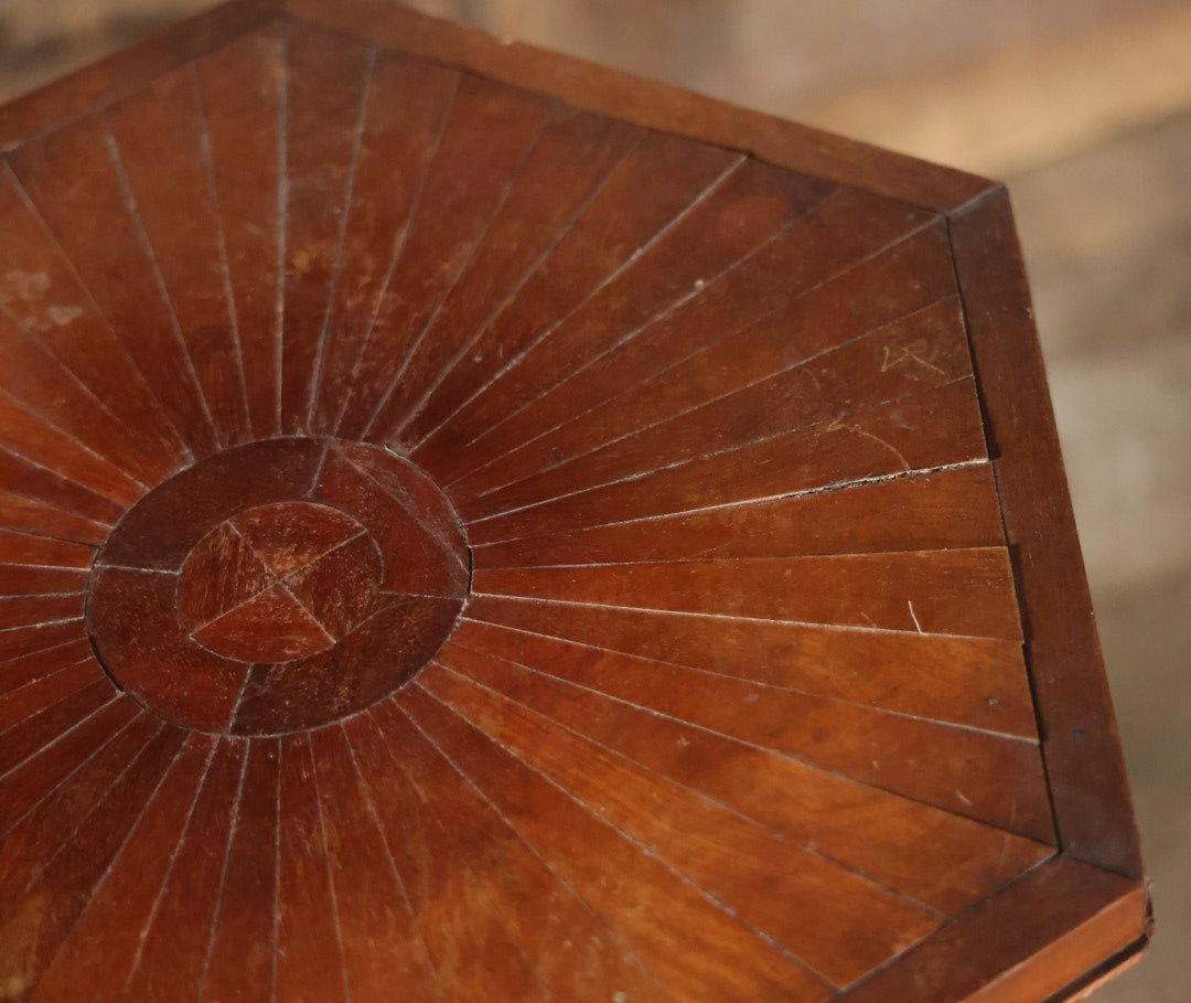Antique Inlaid Candle Stand Table With Geometric Design, Hexagon Table Top