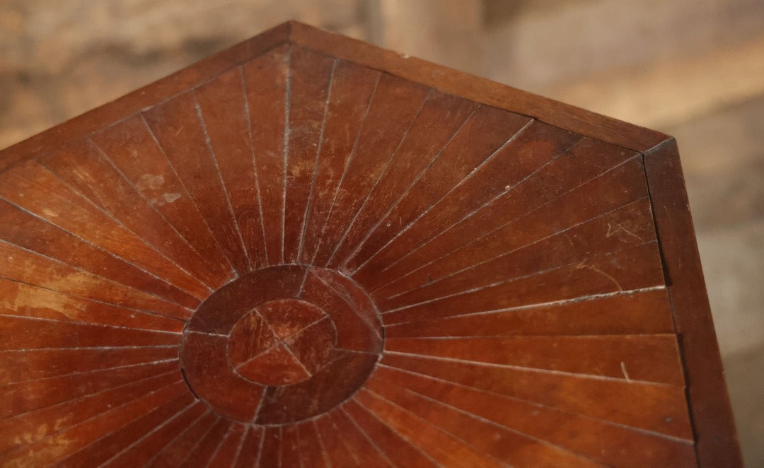 Antique Inlaid Candle Stand Table With Geometric Design, Hexagon Table Top