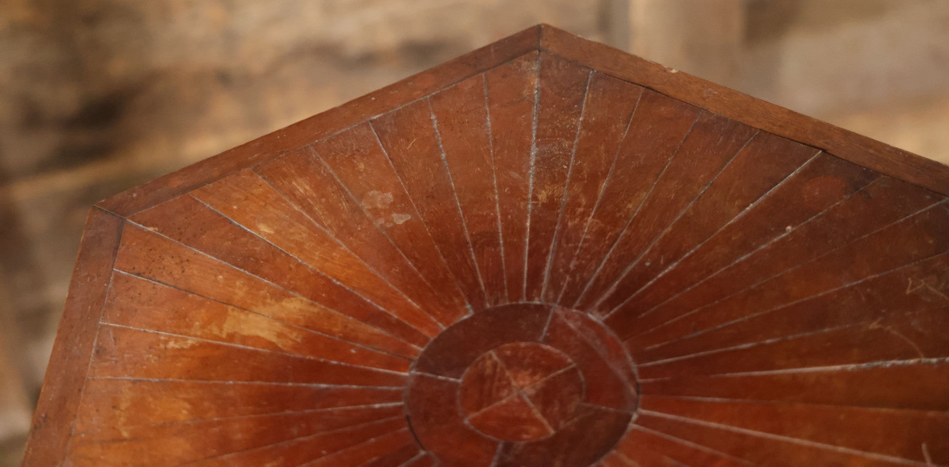 Antique Inlaid Candle Stand Table With Geometric Design, Hexagon Table Top
