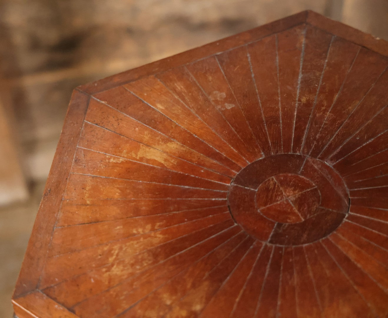 Antique Inlaid Candle Stand Table With Geometric Design, Hexagon Table Top