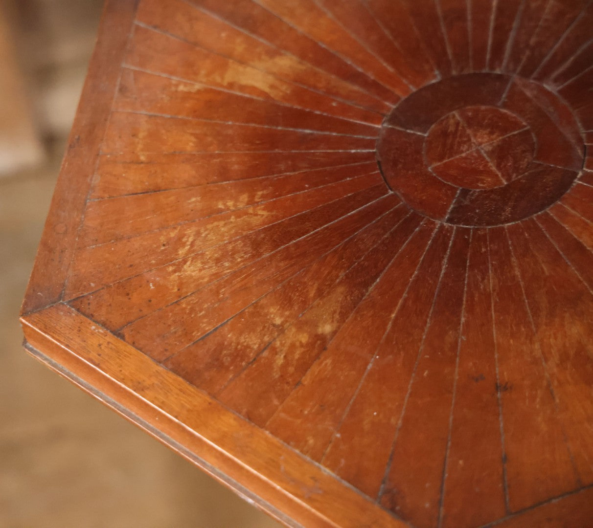 Antique Inlaid Candle Stand Table With Geometric Design, Hexagon Table Top