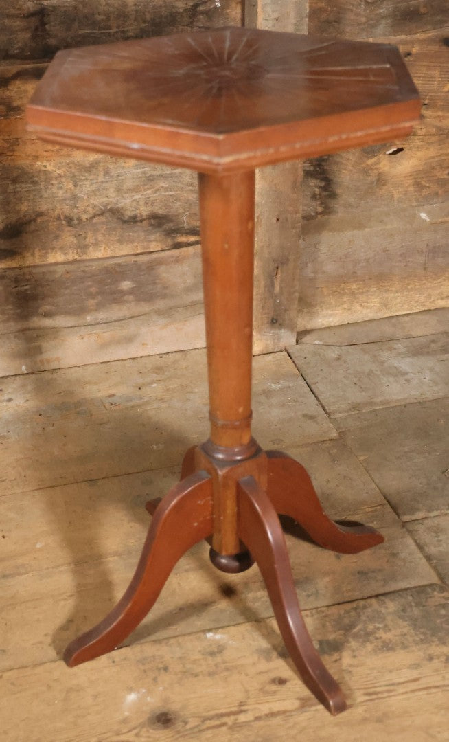 Antique Inlaid Candle Stand Table With Geometric Design, Hexagon Table Top
