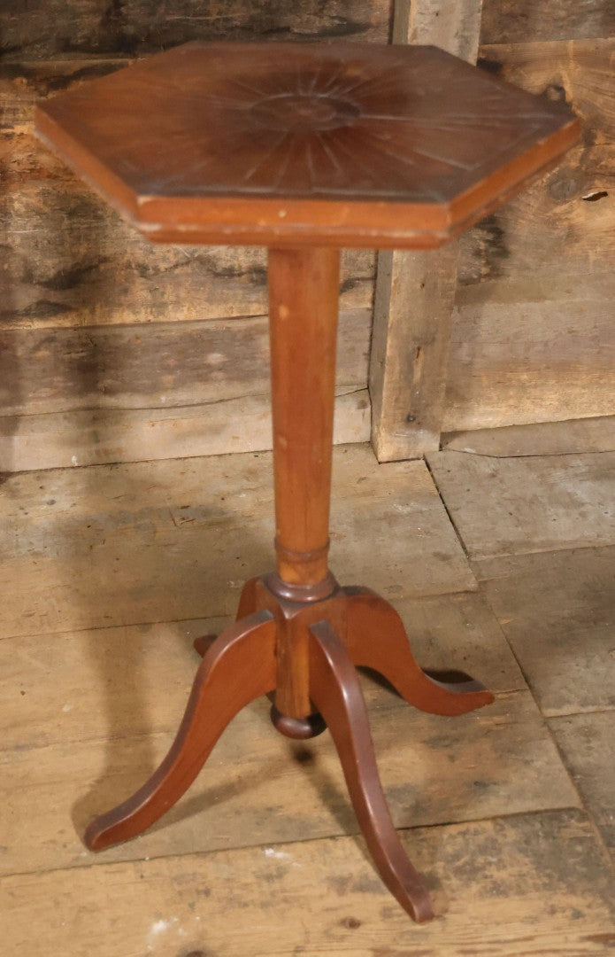 Antique Inlaid Candle Stand Table With Geometric Design, Hexagon Table Top