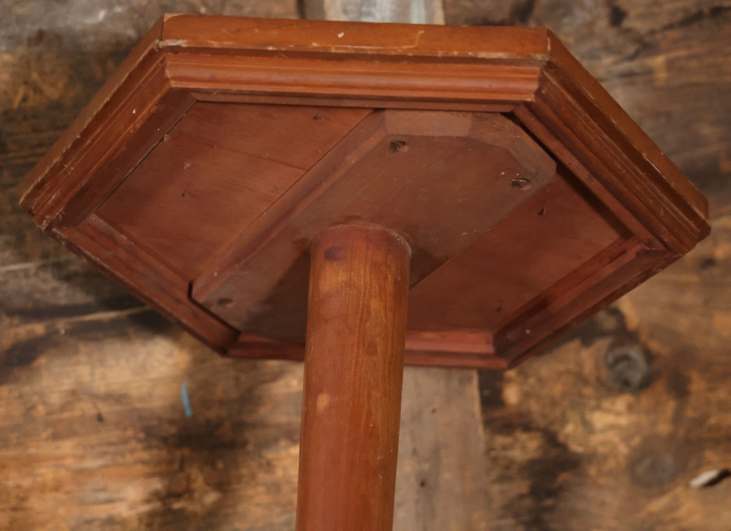 Antique Inlaid Candle Stand Table With Geometric Design, Hexagon Table Top